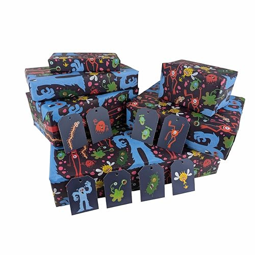 Monsters Geschenkpapierbögen x 5 Bögen, plus 8 Geschenkanhänger, 100 % recycelbar, umweltfreundliches Geschenkpapier, Geschenkpapier für Jungen und Mädchen (Monster)