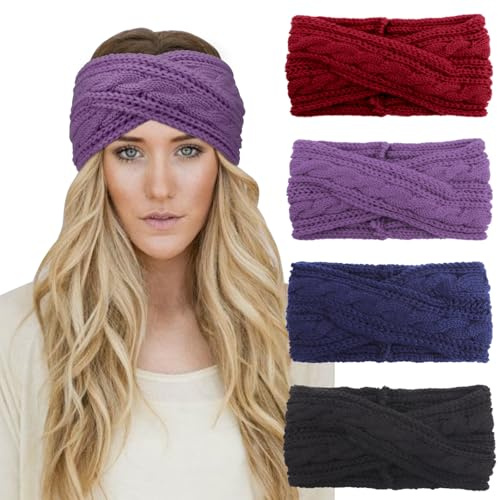 DRESHOW 4 Paket Virkade Öronvärmare Pannband Mjukstickad Turban Stretch Pannband Värmare för Kvinnor Vinter