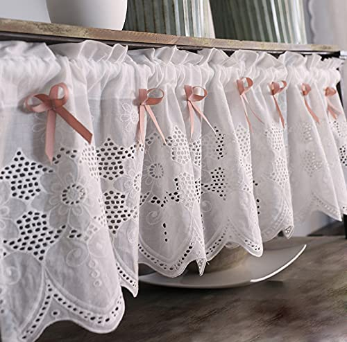 A.Monamour White Cotton Embroidered Lace Farmhouse Kitchen Window Curtain Valance - Small Half Cabinet and Door Valance With Pink Bow