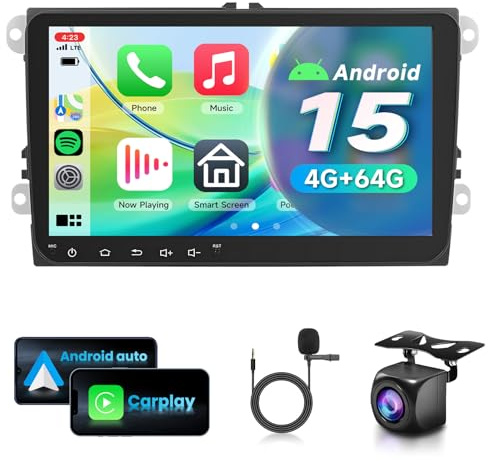 VECHTEL Autoradio 4G+64G Android 15 per VW Golf 5 6 Passat Jetta Caddy EOS T5 Tiguan Touran CC Polo, 9'' HD Schermo co Carplay Android Auto senza Fili GPS Wi-Fi USB Bluetooth FM RDS Retrocamera