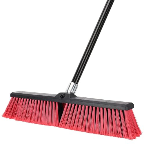 18 Push Broom Outdoor Heavy Duty, Snow Broom with Long Handle, Shop Broom Garage Push Broom for Garden, Patio, Garage, Bathroom, Kitchen, Tub, Carpet, Tile, Deck, Concrete, Industrial (RED)
