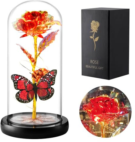 Fohil Ewige Rose für Frauen,Infinity Rosen Geschenk für Muttertag, Schöne das Biest Ewige Rot Rosen Schmetterling Blume mit LED Licht für Sie,Frauen,Mama,Freundin