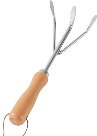 FSSTUD 28 cm 3 Pronged Handheld Soil Cultivator Hand Held Garden Claw Rake Portable Wood Handle Gardening Rake Stainless Steel Hand Cultivator 3 Prong Hoe Garden Tool for Weeding Planting