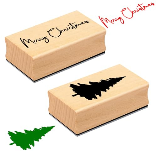 AmazingSpark 2 Pcs Christmas Wooden Stamps Xmas Tree Merry Christmas Rubber Stamp for Xmas Holiday Crafting DIY Scrap Booking Card Making Hand Book