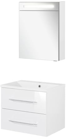FACKELMANN B.Clever 3-teiliges Möbel-Set – Waschtischunterschrank, Gussmarmorbecken & Spiegelschrank mit LED, 60 cm, Weiß – Made in Germany