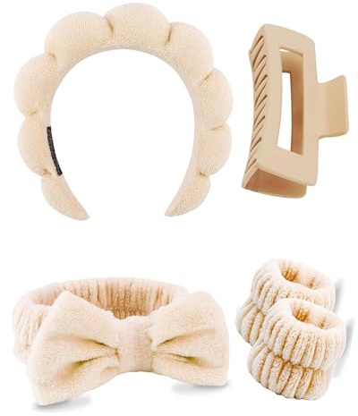 5 Pcs Spa Headbands for Wash Face, Makeup Headband, Facial Skincare Headbands, Puffy Sponge Spa Headband Bow Tie Hair Band Hair Clips Wristband Set Women Girls (khaki)