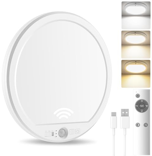 Oumida LED Battery Ceiling Lamp with Motion Detector,Ceiling Lamp with Remote Control,Wireless USB Charging Lamp for Bathroom Hallway Garage,Round (White)