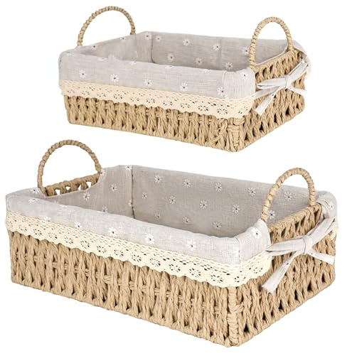 elthmpr Aufbewahrungskorb Boho Deko Geflochten - 2er Makramee Geschenkkorb Leer, Korb Aufbewahrung Toilettenpapier, Badkörbe mit Doppelgriff, Storage Basket Box für Bad Wohnzimmer Küche Kinderzimmer