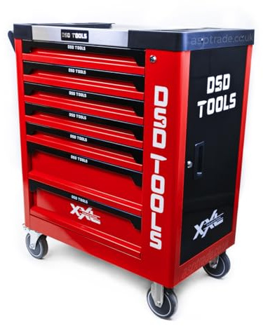 DSD TOOLS Steel Tool Chest Trolley Cabinet Fully Loaded Workshop Tool Box on Castors with Lockable Storage and Easy Mobility (Red)