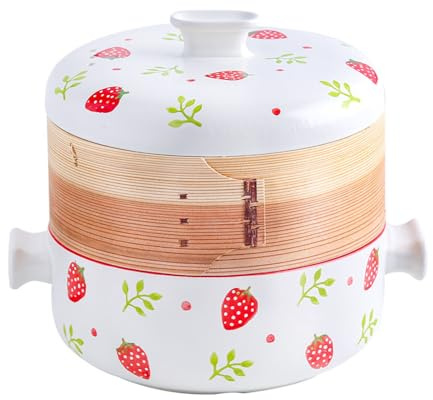 Japanese Ceramic Hot Pot Casserole, with Natural Bamboo Steamer Basket, High-Temperature for Homemade Soups and Stews(2.5L)