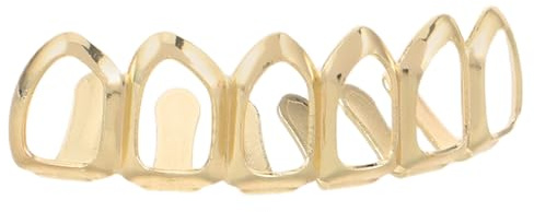 CALLARON Goldene Hip Hop Zahnschmuck Grills für Unterkiefer – 6 Hohl Zahnkappen aus Vergoldetem Metall Abnehmbar Unisex Halloween Kostüm Zubehör
