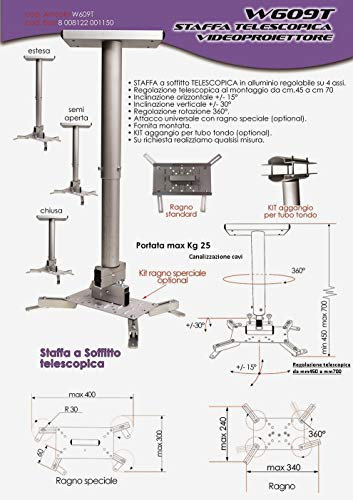 Staffa per videoproiettori a soffitto telescopica da cm 45 a 70 universale W609TS 45/70