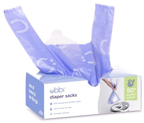 Ubbi Disposable Nappy Sacks, Lavender Scented, Easy-To-Tie Tabs, Durable, Thick Baby Nappy Disposal or Pet Waste Bags, 200 Count