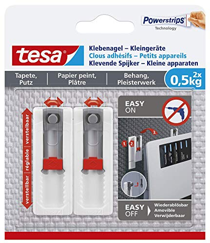 tesa Klebenägel Tapeten & Putz - höhen- und seitenverstellbar - selbstklebend - ideal für WLAN Router - Halteleistung 0,5kg/Nagel - spurlos ablösbar