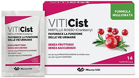 Marco Viti Viticist Mirtillo Senza Fruttosio, 14 Bustine da 3,5 g, Integratore con Cranberry, D-Mannosio e Altea, 50 mg PAC, Supporto Vie Urinarie, Senza Glutine e Lattosio