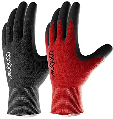 COOLJOB Gants de travail, 2 Paires de gants de jardinage pour homme, Gants de travail respirants avec revêtement en caoutchouc pour homme, Noir et Rouge (Taille M)