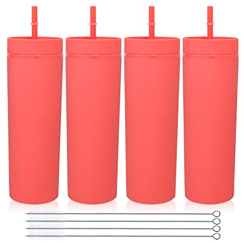Volhoply 550ML Plastic Skinny Tumblers Bulk 4 Pack,Double Wall Tumbler with Lid and Straw,BPA Free Matte Acrylic Water Cups for Parties(Red, 4 Set)