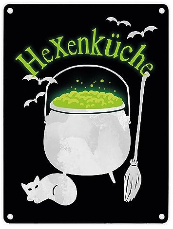 Hexenküche Metallschild in 15x20 cm mit Hexenkessel für Halloween originelles Blechschild für den Herbst als Halloweendekoration für echte Hexen die gerne ihr Gebräu verteilen