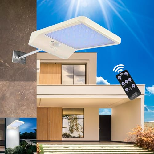 Masled lampe solaire exterieur détecteur de mouvement avec télécommande I 3 modes intelligents, 6 modes d'éclairage, 3 niveaux de luminosité, montage mural et sur poteau (blanc)