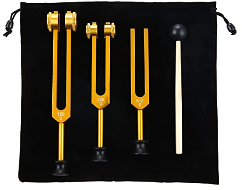 Josenidny 3Er-Pack Stimmgabel-Set (128 Hz, 256 Hz, 512 Hz) Stimmgabel-Set für Heilung, Chakra, Klangtherapie, Slider Fork (Gold)