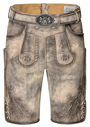 Schöneberger Trachten Lederhose Herren kurz | Original Wildbockleder Trachtenlederhose Antik/EIS-Grau inkl. Trachtengürtel | Vintage Trachtenhose Karl (50)