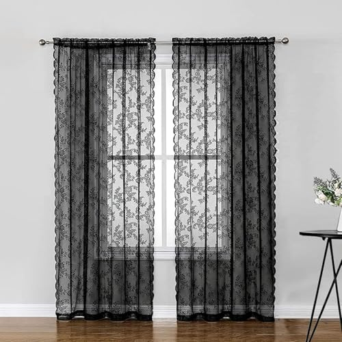 MYAYD Spitze Vorhang, 2 Stück Küchen Gardine Blumen bestickte Gardinen,gestrickter Jacquard-Vorhang für Schlafzimmer, Wohnzimmer,Gaze, Retro-Stil, Vintage B150×H200cm (Schwarz)