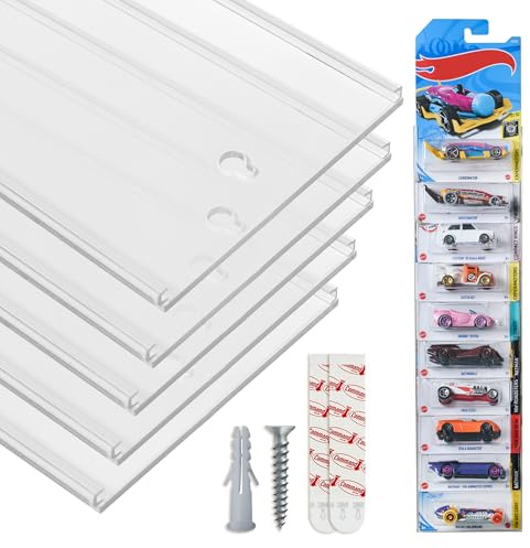 Tapeera - 5er-Pack Acryl Wandregal Sammlervitrine für Modellautos - Wandmontage Display für 1:64 Autos mit 3M Tape & Schrauben Zubehör