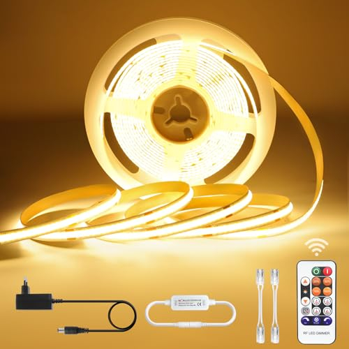 Striscia LED COB Bianco caldo 5 metri, Strisce LED Dimmerabile 24V 3000K, Strip LED auto adesive impermeabile IP44, Barra luminosa 5 M con telecomando e alimentatore, Adatto per il cucina, scale