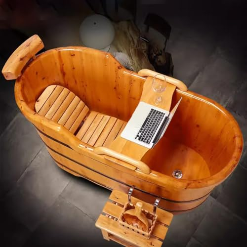 MegLob Holz Freistehende Badewanne Beleuchtet, Spa-Center Deech-Wading Badewanne Für Erwachsene, Mobiler Massivholz-Soaker Mit Holzschalen,150cm/59.05