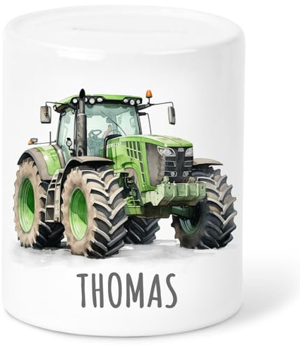 Spardose Traktor für Kinder Jungen personalisiert mit Namen Geschenk Kindersparkasse Sparschwein Geldgeschenk Verpackung Sparbox aus Keramik (Grün)