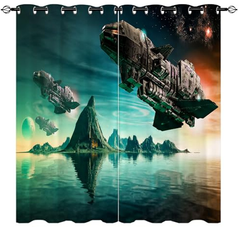 YUANZU Vorhänge Kinder SciFi-Schlacht Raumschiffe Ösen Gardinen mit Blickdichte Vorhang Kälteschutz Blackout Curtain Kinderzimmer Schlafzimmer Verdunkelung Fenster, 2 Stück, H 160 x B 132 cm