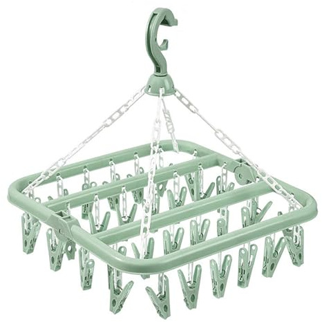 XIANTIAN Clothes Drying Hanger with 32 Clips and Drip,Foldable Clothes drying rack,Windproof Laundry rack for Sock,Underwear hanger, Clothes pegs, Laundry airer (Green)