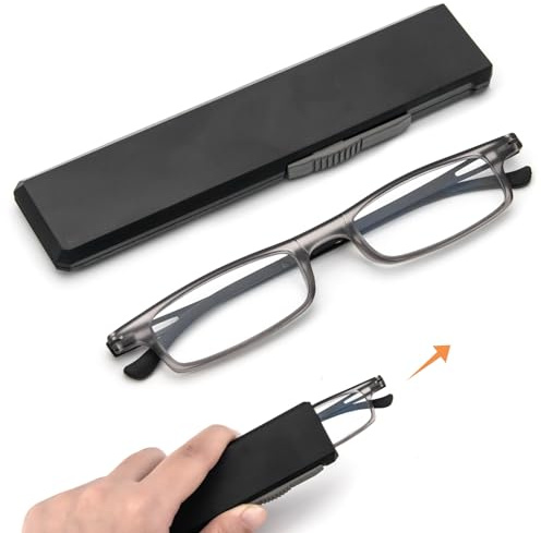 kollyseek Occhiali da Lettura Unisex Tascabili Anti Luce Blu Ultraleggeri | Design a forma di portapenne, comodo da portare in borsa o portafoglio, per uomo e donne per computer, grigio, +1,00