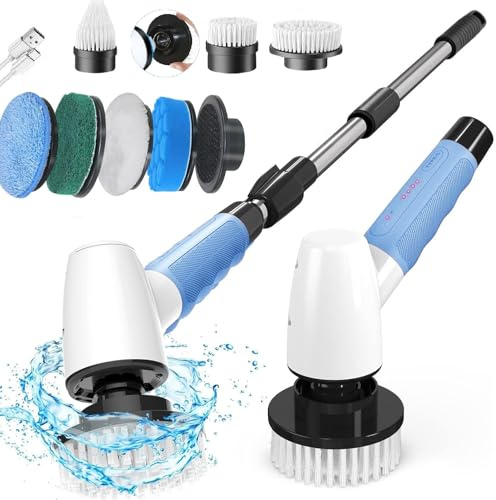 Brosse à récurer électrique sans fil, 400 tr/min, 8 têtes de brosse remplaçables, autonomie de 90 minutes, 3 longueurs réglables et 2 réglages de vitesse. Idéal pour nettoyer les salles de bains, les