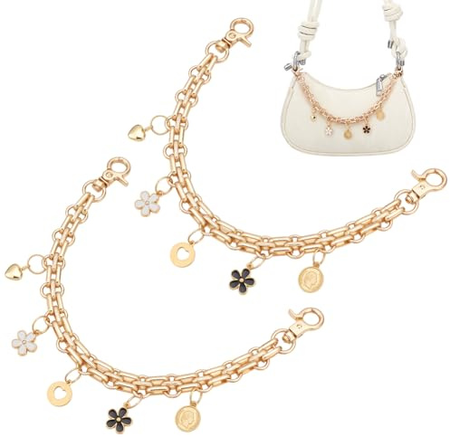 PH PandaHall Gold Taschencharms 26cm Geldbörsenkette mit Emaille-Anhängern | Metallkette mit Blumen/Herz-Anhängern Geldbörsen Charms Für Handtaschen Geldbörsen Unterarmtaschen