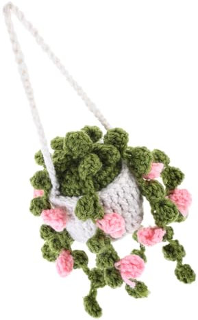 UPKOCH Crochet Car Hanging Ornament Pendant Handmade Crochet Decoration White Basket and Pink Flower Car Rearview Mirror Charm for Vehicle Interior Decor