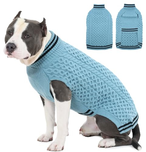 Katzinst Hundepullover mit Rollkragen – Warm Strickdesign mit Twisted-Rope-Muster | Ärmelloser Hundepulli für Mittelgroße Hunde, Französische Bulldogge, Blau, M
