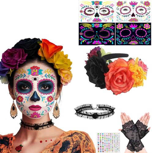 Diadema del Día De Muertos, Diadema Flores Mexicana, Corona de Flores d'Halloween, Halloween Pegatinas Luminosas, Guantes de Encaje, para Halloween, Carnaval o Fiesta de Disfraces