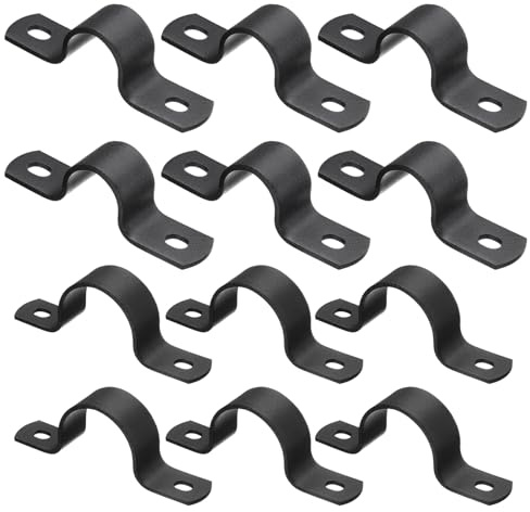 sourcing map 12Pcs Metal Pipe Clamps, 2 Sizes Carbon Steel Two Hole Strap U Bracket Tube Clip Conduit Clamps for Pipe Fixing Wire Cord Installation Decorating, Black (1/2, 1)