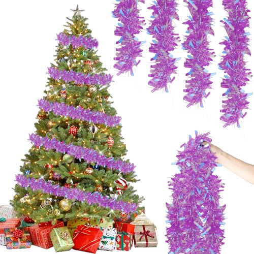 4 Stück x 2M Weihnachten Lametta Girlande, Lametta Girlande Weihnachtsgirlande, Glitzernd Gir-lande Weihnachten Innen-Und Außen für Weihnachtsbaum Weihnachtsfeier, Lametta Weihnachtsdekoration Lila