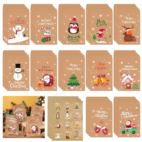 Huucozn 48 Stück Papiertüten klein Geschenktüten Weihnachten tüten Adventskalender zum befüllen 12.5x7.5cm Weihnachtstüten mit Aufklebern Kraftpapier kleine tüten für Süßigkeiten Weihnachtsgeschenke