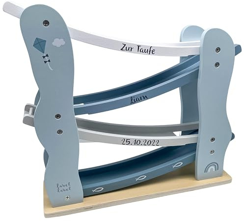 Personalisierbare Holz-Autobahn 30×30 cm (Blau) – zur Taufe – Rollbahn & Kugelspaß – für Kinder ab 18 Monaten – personalisiert mit Namen & Taufdatum – Label Label