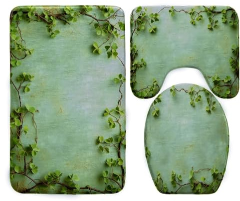 Tappeto Bagno Piante Verdi Retro Tappeti Bagno Set 3 Pezzi Antiscivolo Contorno WC Tappetino Assorbente Doccia Lavabile Copertura per Il Coperchio del WC 45x75 cm