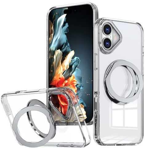 XKchatpt Mag-Stand 360° vridbar magnetiskt mobilskal med ring för iPhone 16 Plus; stötsäkert hårt silikonfodral med ringhållare för iPhone 16 Plus (klar)