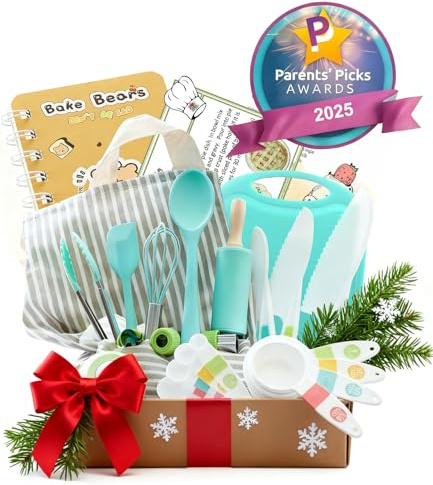 liamasum Kids Real Cooking and Baking Kit Gift Set | Montessori Kid-Safe Kitchen Knives, Apron, Gloves, Rolling Pin | Premium Christmas & Birthday Gift for Girls & Boys