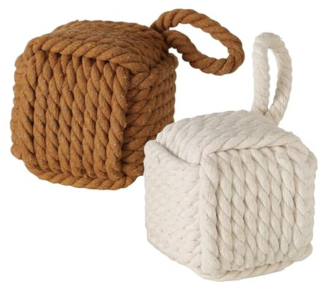Boltze Türstopper Strick mit Schlaufe – als Buchstütze, Fensterstopper & Türhalter, dekorativer Stopper für Tür und Fenster im Innenraum, beschwert mit 1,4 kg Gewicht (Würfel 2er Set Braun/Beige)