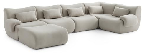 MILYsofa Divano modulare angolare, 5 posti con penisola, tessuto bouclé, fodere dei cuscini removibili (Beige Pietra, 5 posti con penisola)