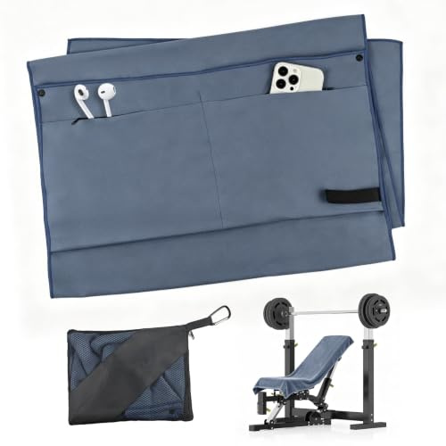 QKJEM 135 X 50 cm Fitness Handtuch mit Zwei Taschen Blaugrau Gym Handtuch | Doppelseitigem Mikrofaser Fleece Rutschfest Schnelltrocknend Sporthandtuch Fitnessstudio Sportzentren