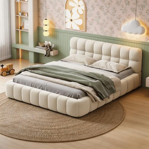 HYNHXBP Bubble Upholstered Double Bed Frame 135 x 190 cm with Padded Headboard, Low Platform Bed with Wooden Slatted Base, Linen Fabric Tufted Bedstead, Mattress Not Included (Beige, 135 x 190 cm)