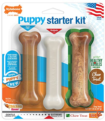Nylabone Puppy Starter Kit, 3 Dental Dog Chew Bones, 1 Edible, 1 Gentle, 1 Extreme, for Small Breeds Puppies Up to 11 kg, Brown and White